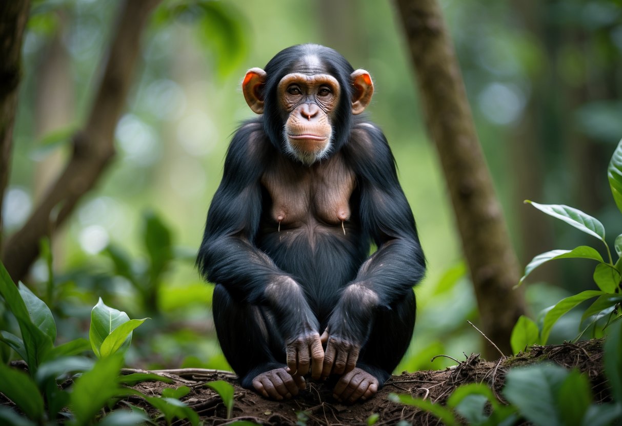 A young female chimpanzee sitting in a forest surrounded by green plants.