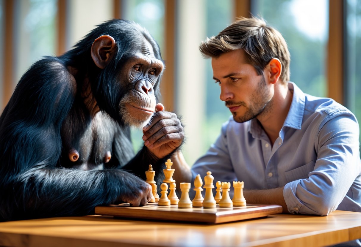 A chimpanzee and a man sitting at a table playing chess, both looking thoughtful and focused.