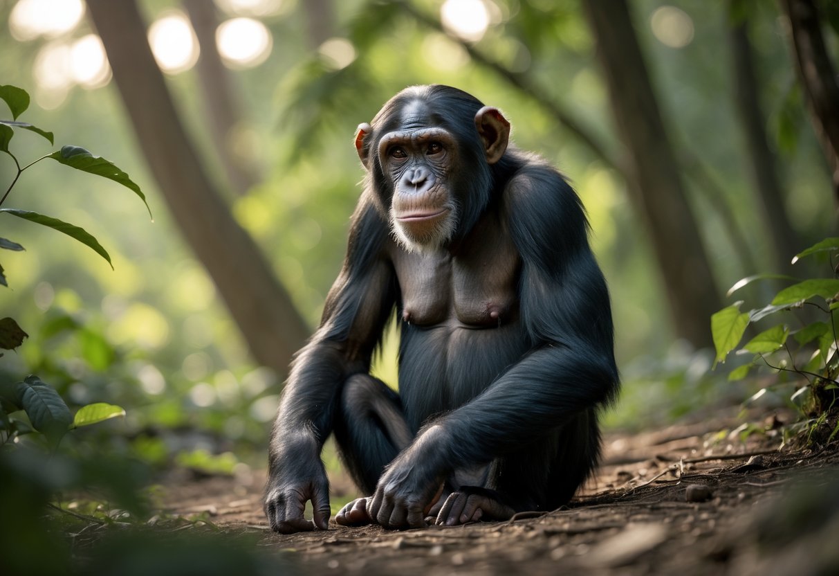 A young adult chimpanzee sitting calmly in a green forest environment.