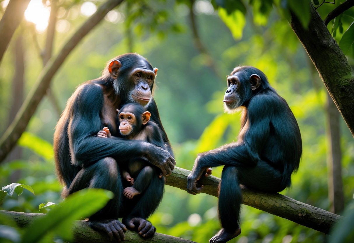 A female chimpanzee holding an infant while a younger chimpanzee sits nearby in a forest.