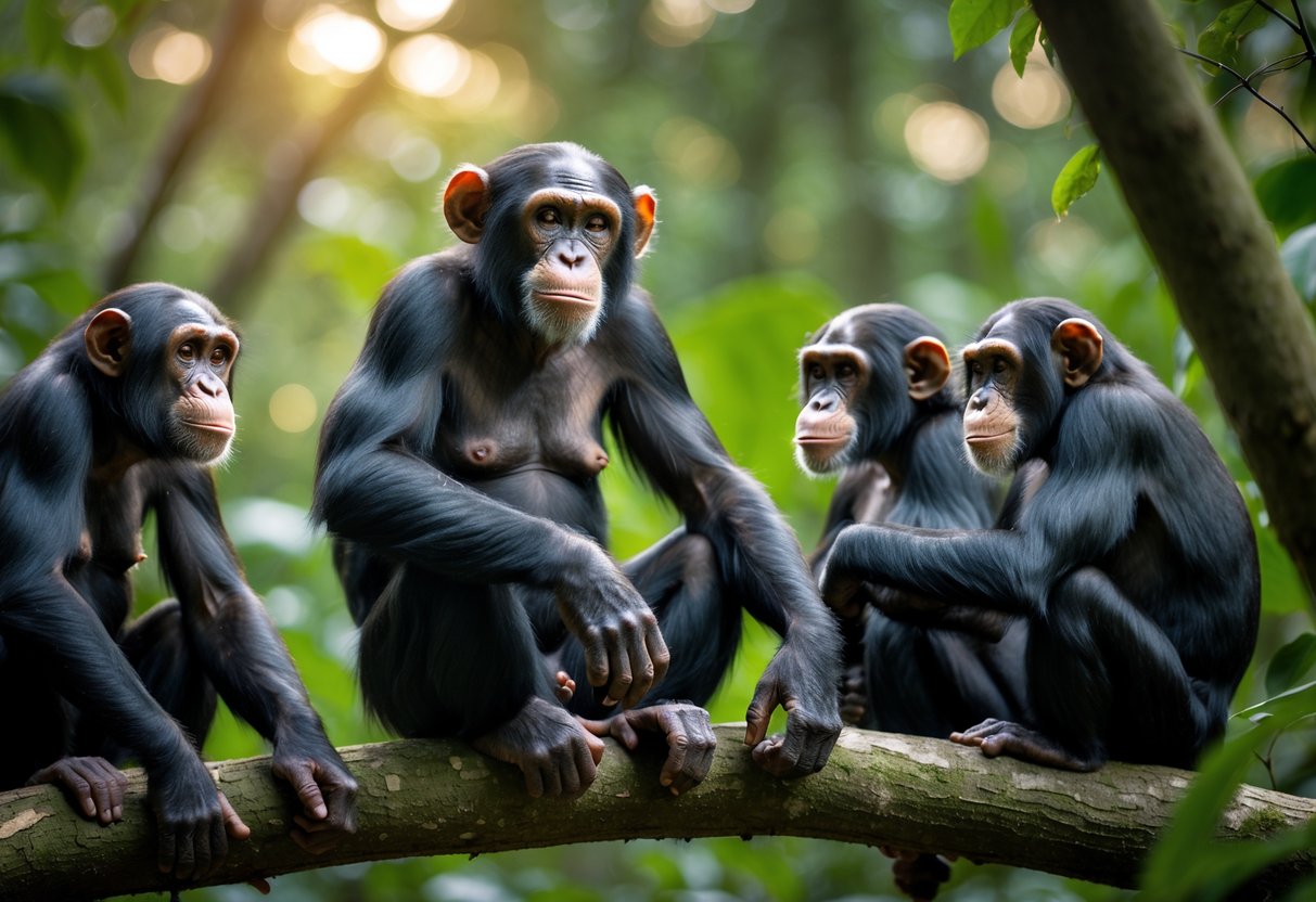 A mature female chimpanzee sitting on a tree branch surrounded by younger male chimpanzees in a jungle setting.