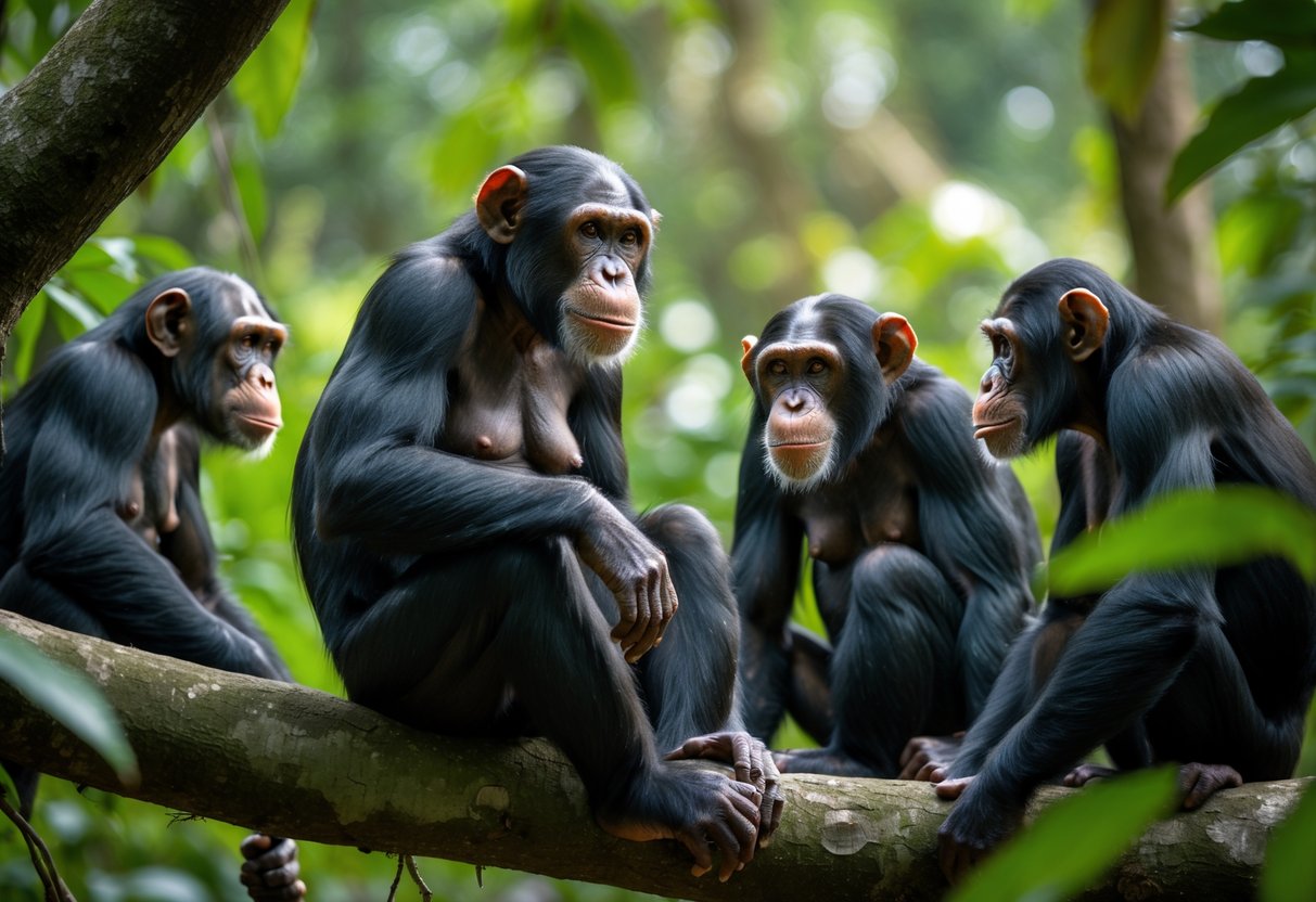 A mature female chimpanzee surrounded by younger male chimpanzees in a dense jungle setting.