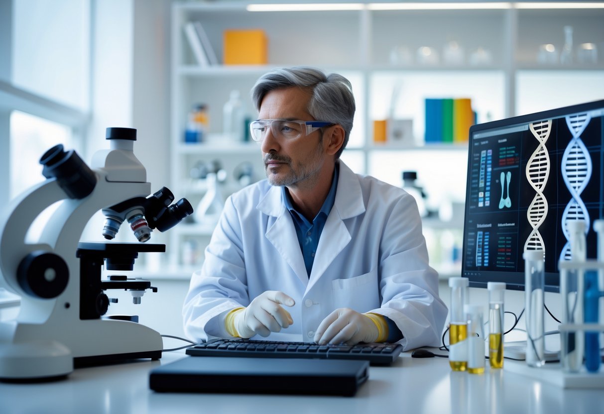 A scientist in a lab coat examining DNA models and genetic data in a laboratory.