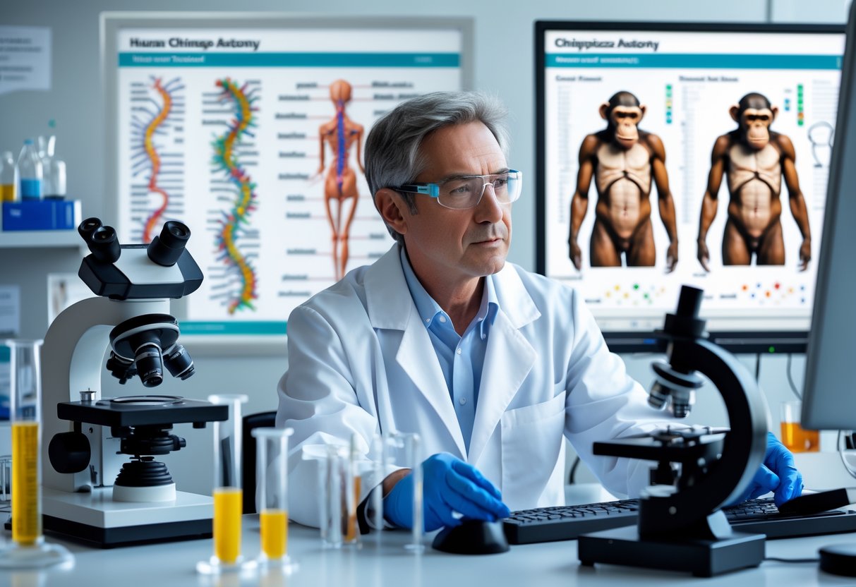 A scientist in a laboratory studies DNA models and genetic charts with human and chimpanzee anatomy posters in the background.