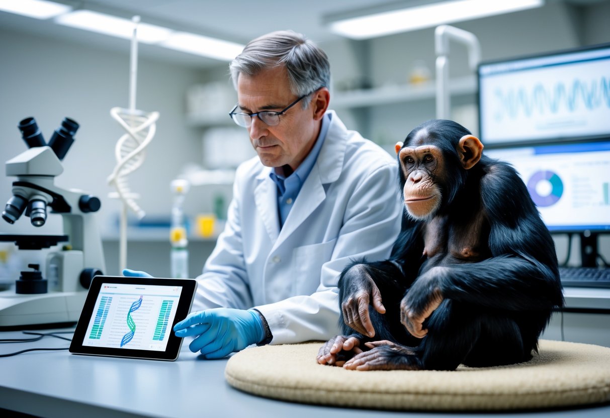 A scientist in a lab coat examines DNA data on a tablet while a chimpanzee sits calmly nearby in a laboratory.