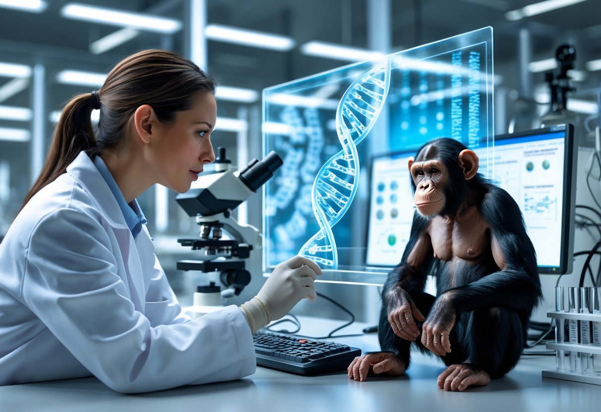A female scientist in a lab coat studies DNA on a digital screen while a chimpanzee sits nearby in a laboratory.