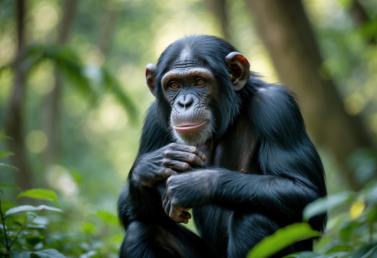 A chimpanzee sitting thoughtfully in a forest with a focused gaze and one hand resting on its chin.