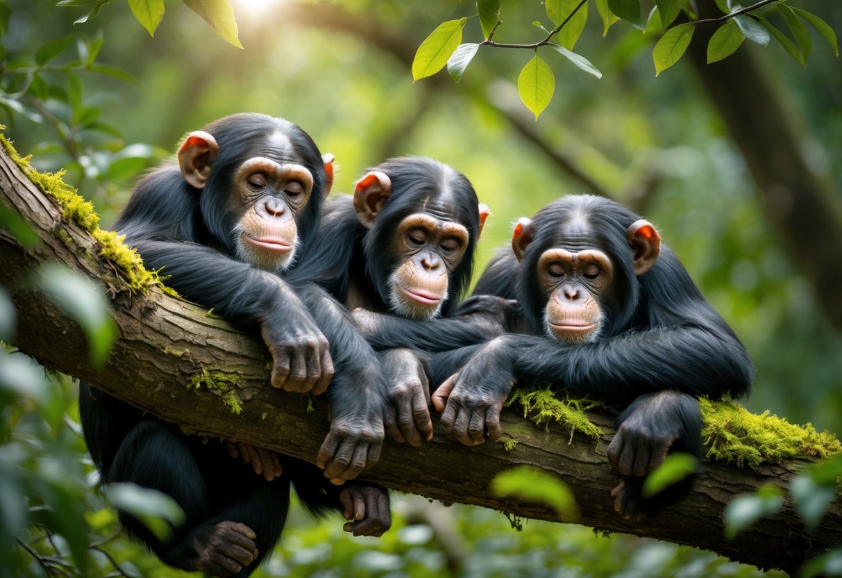 A group of chimpanzees sleeping closely together on a tree branch in a forest.