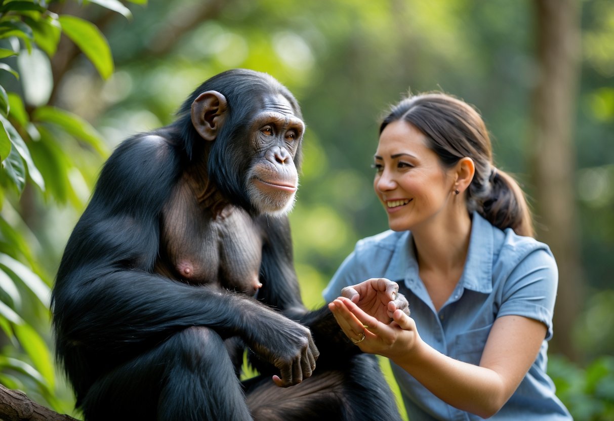 A chimpanzee calmly interacting with a smiling human outdoors surrounded by green plants.