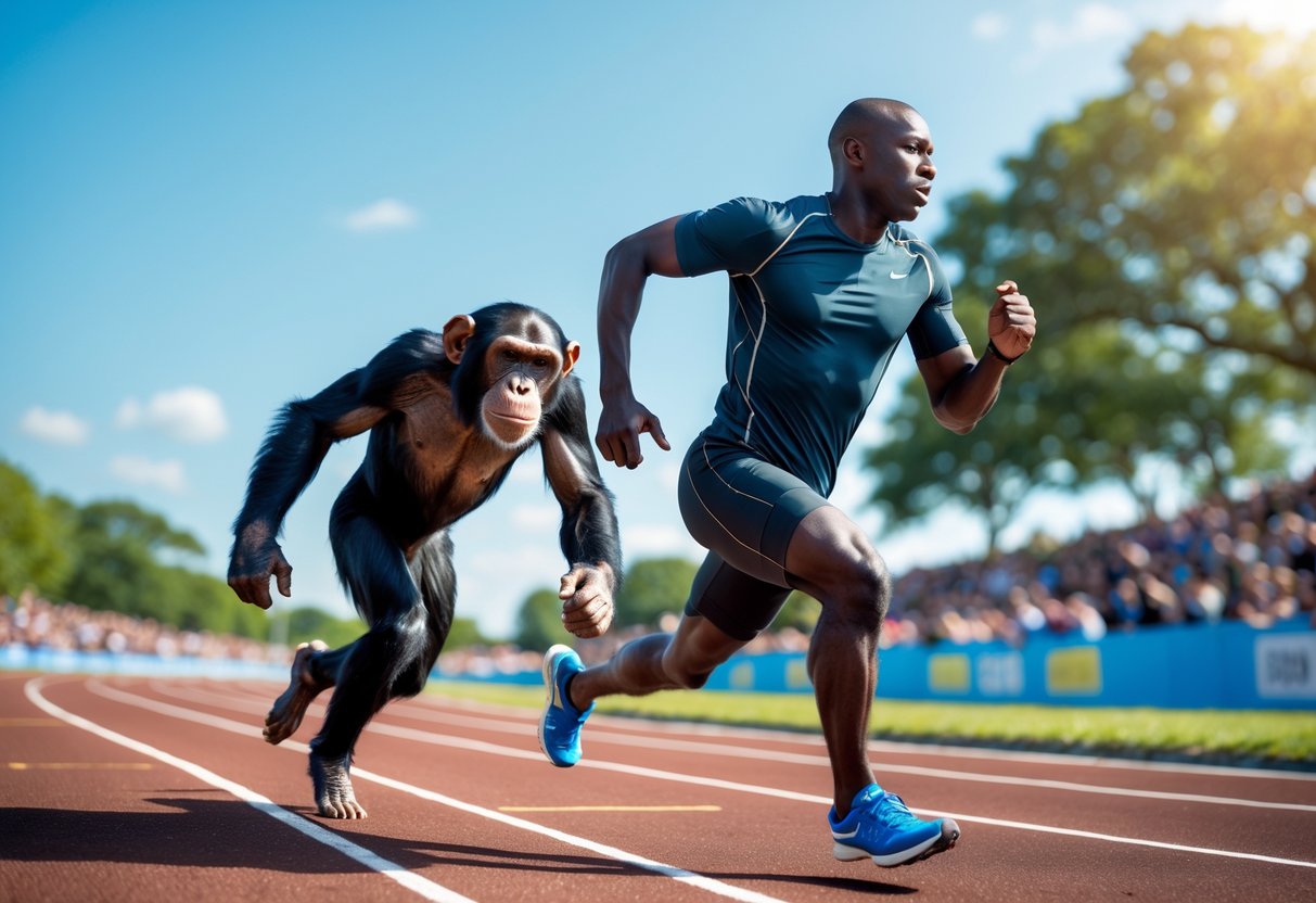 A human runner and a chimpanzee running side by side on an outdoor track.