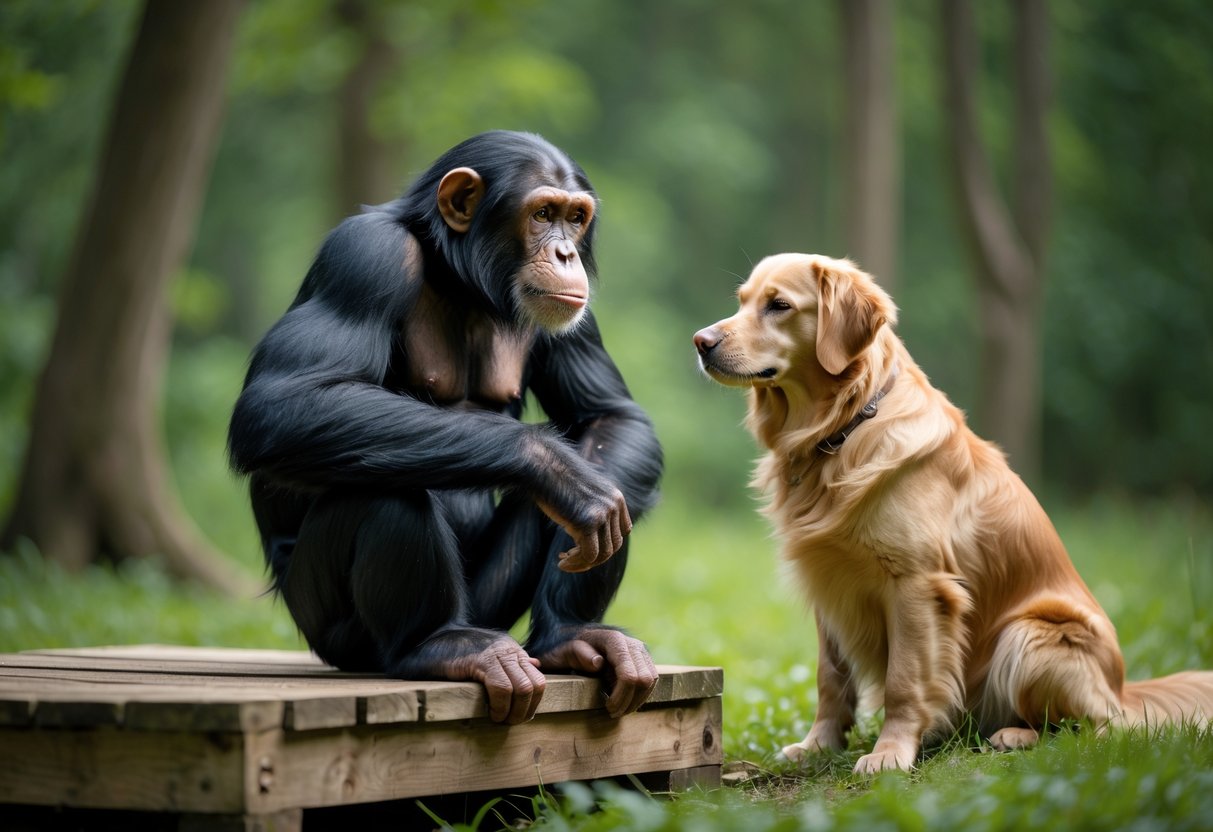 A chimpanzee and a golden retriever sitting on grass and a wooden platform, looking at each other attentively in a forest setting.