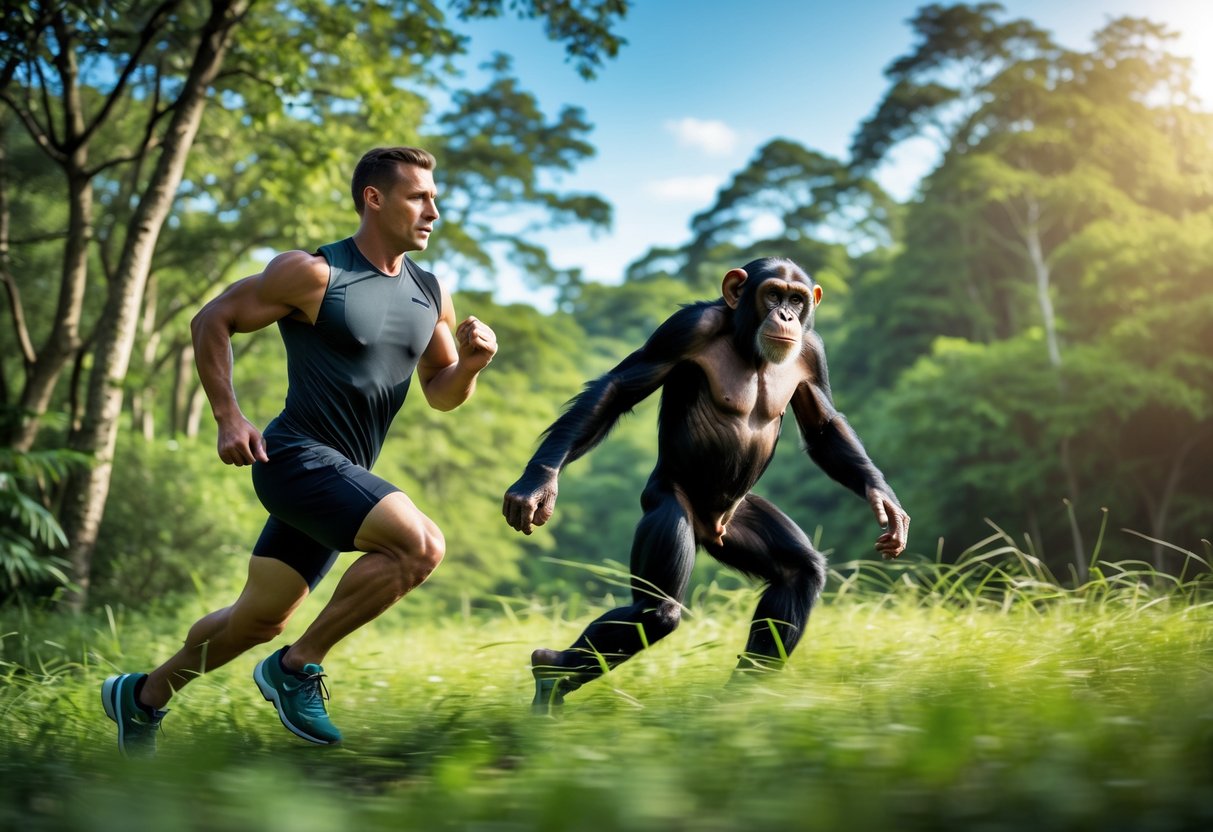 A man and a chimpanzee running side by side outdoors in a natural setting with trees and sunlight.