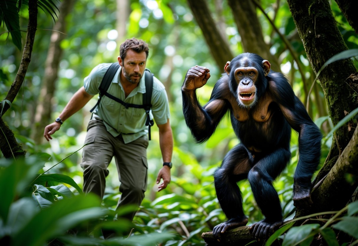 A man cautiously backing away from an aggressive chimpanzee in a dense forest.