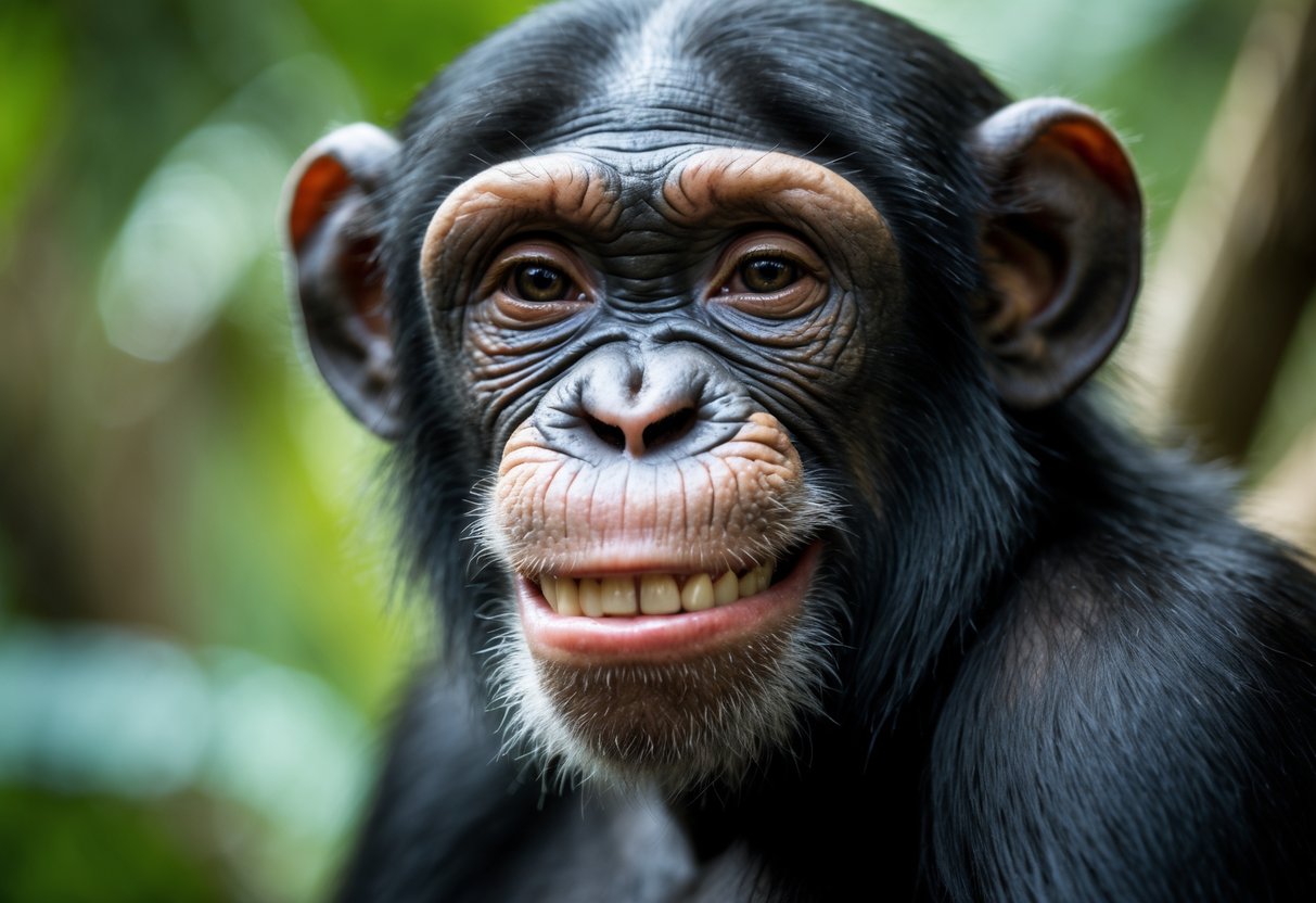 Close-up of a smiling chimpanzee looking directly at the camera with a gentle expression against a blurred green jungle background.