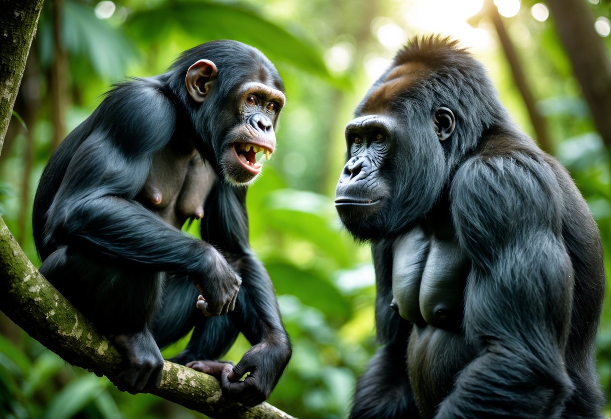 A chimpanzee and a gorilla face each other in a jungle setting, both showing intense expressions.