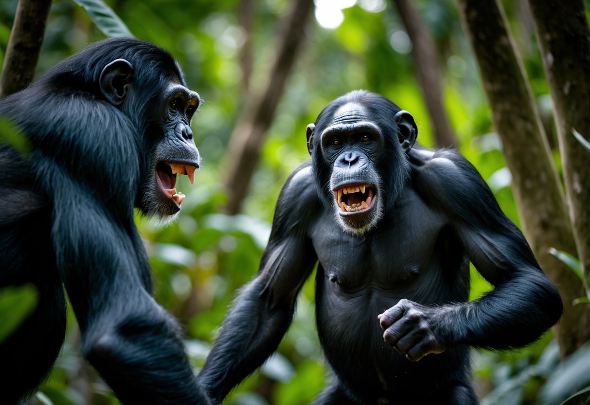 A person cautiously backing away from an aggressive chimpanzee in a jungle setting.