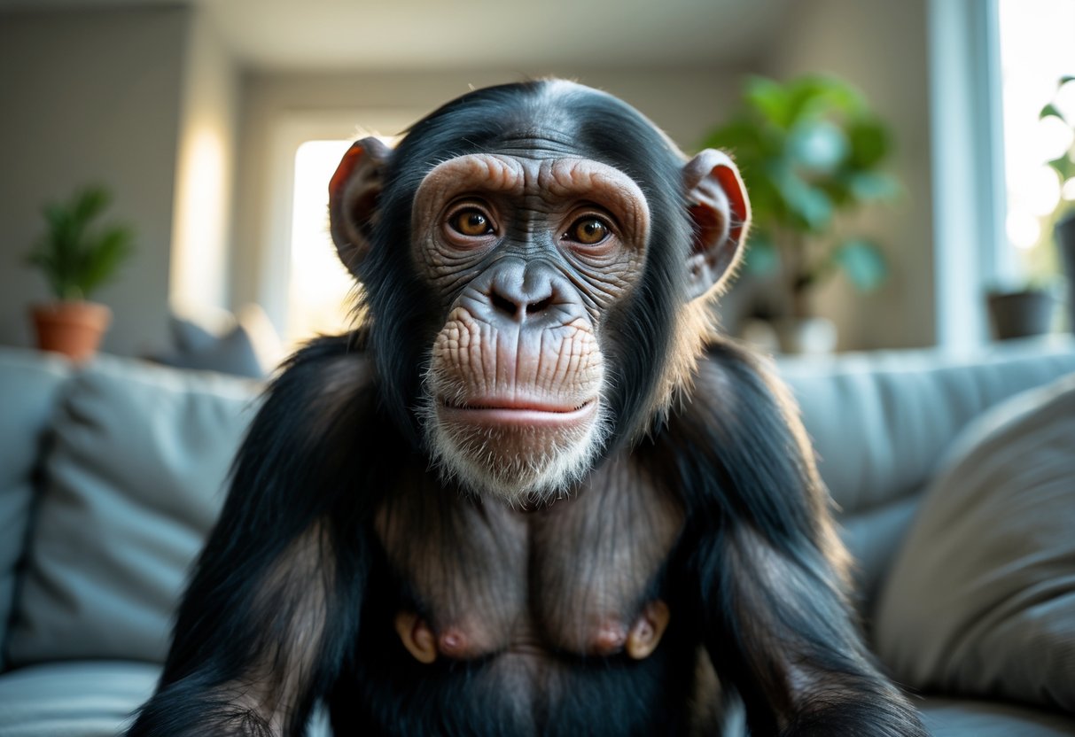 A chimpanzee sitting calmly in a living room setting with natural light coming through a window.