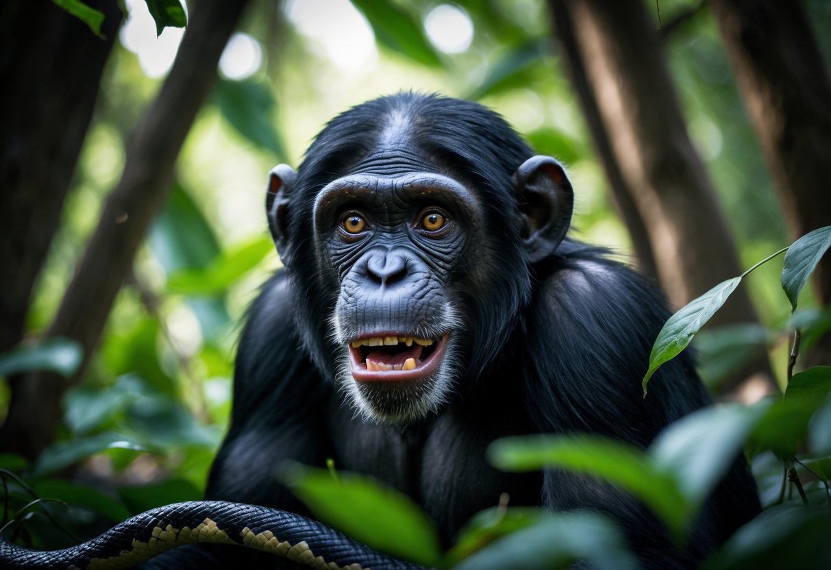 A chimpanzee in a forest looks scared, with wide eyes and a startled expression.