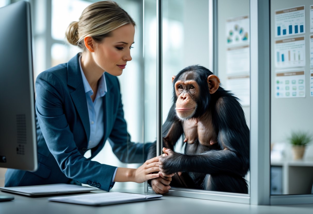 A veterinarian gently interacting with a chimpanzee behind a glass enclosure in an office setting with legal books and animal welfare materials visible.