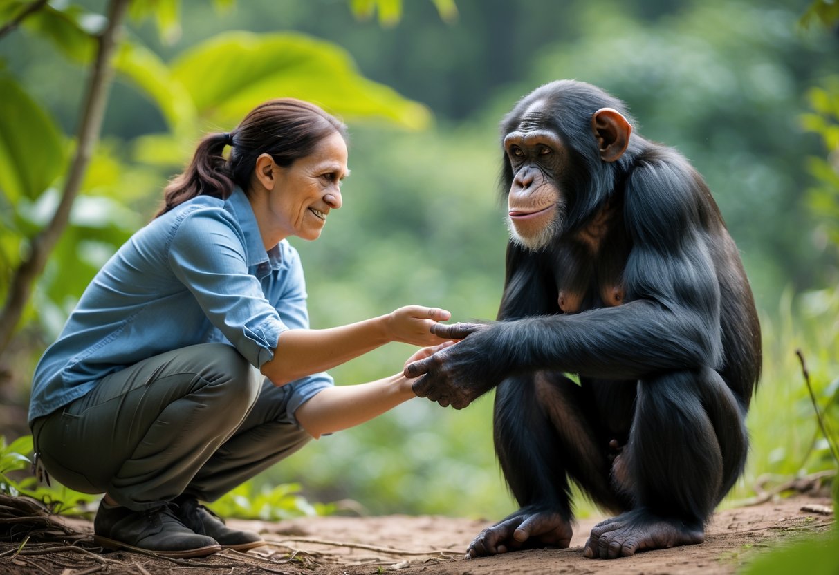 A person and a chimpanzee gently reaching out to each other outdoors surrounded by green plants.