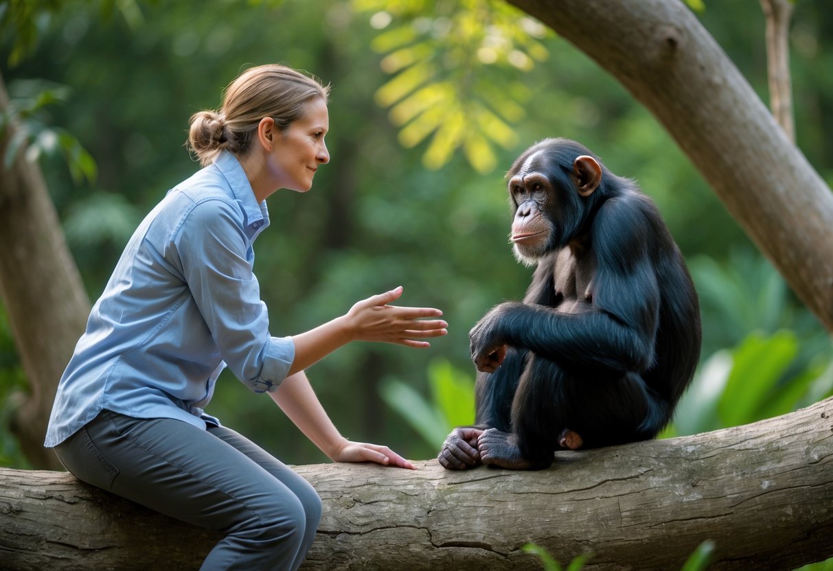 A person gently reaching out to a calm chimpanzee sitting on a tree branch in a green outdoor sanctuary.