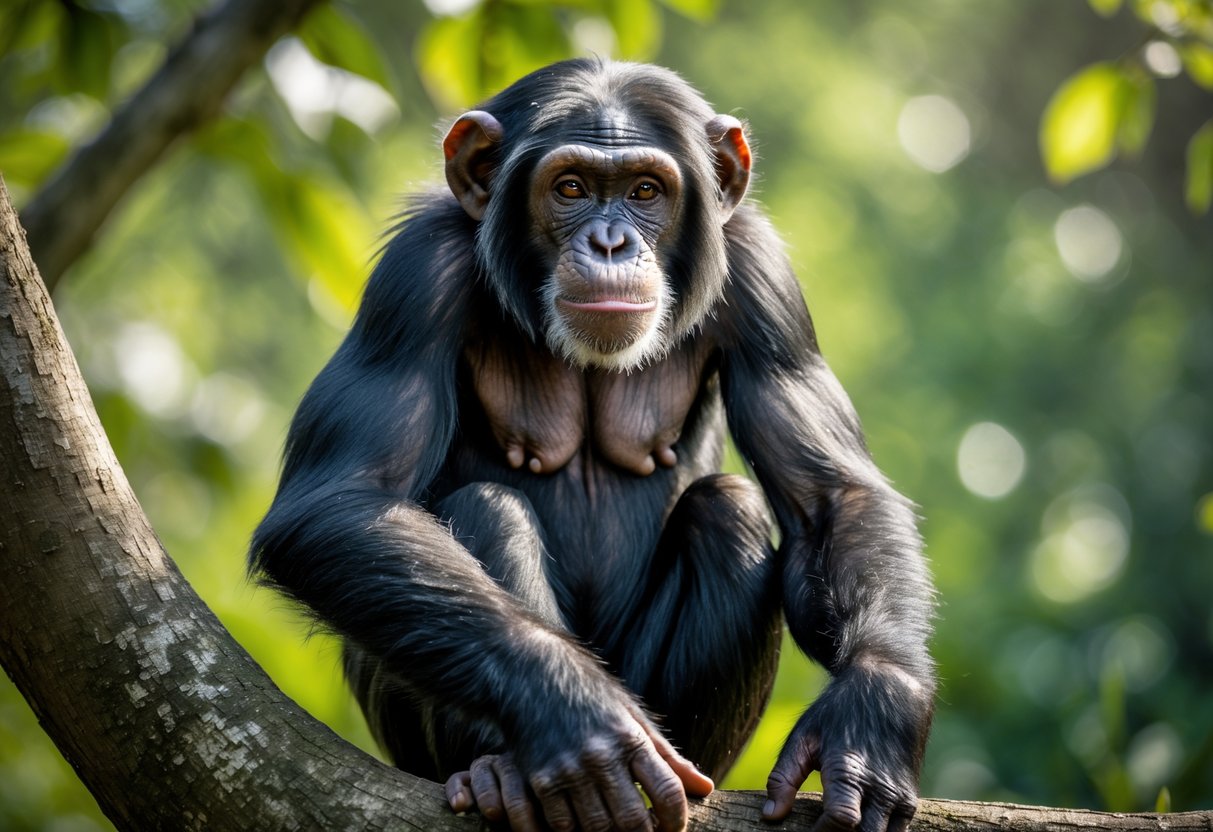A chimpanzee sitting calmly on a tree branch in a green forest, looking alert and curious.