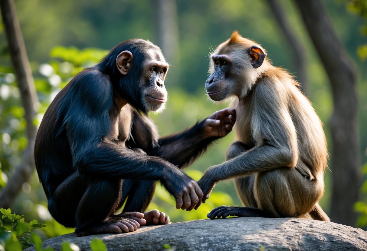 A chimpanzee and a baboon sitting close together on a rock in a forested area, calmly interacting with each other.