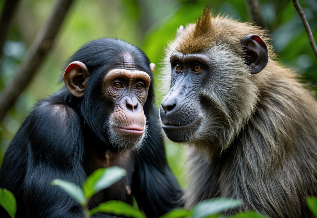 A chimpanzee and a baboon sitting near each other in a green forest, calmly observing one another.