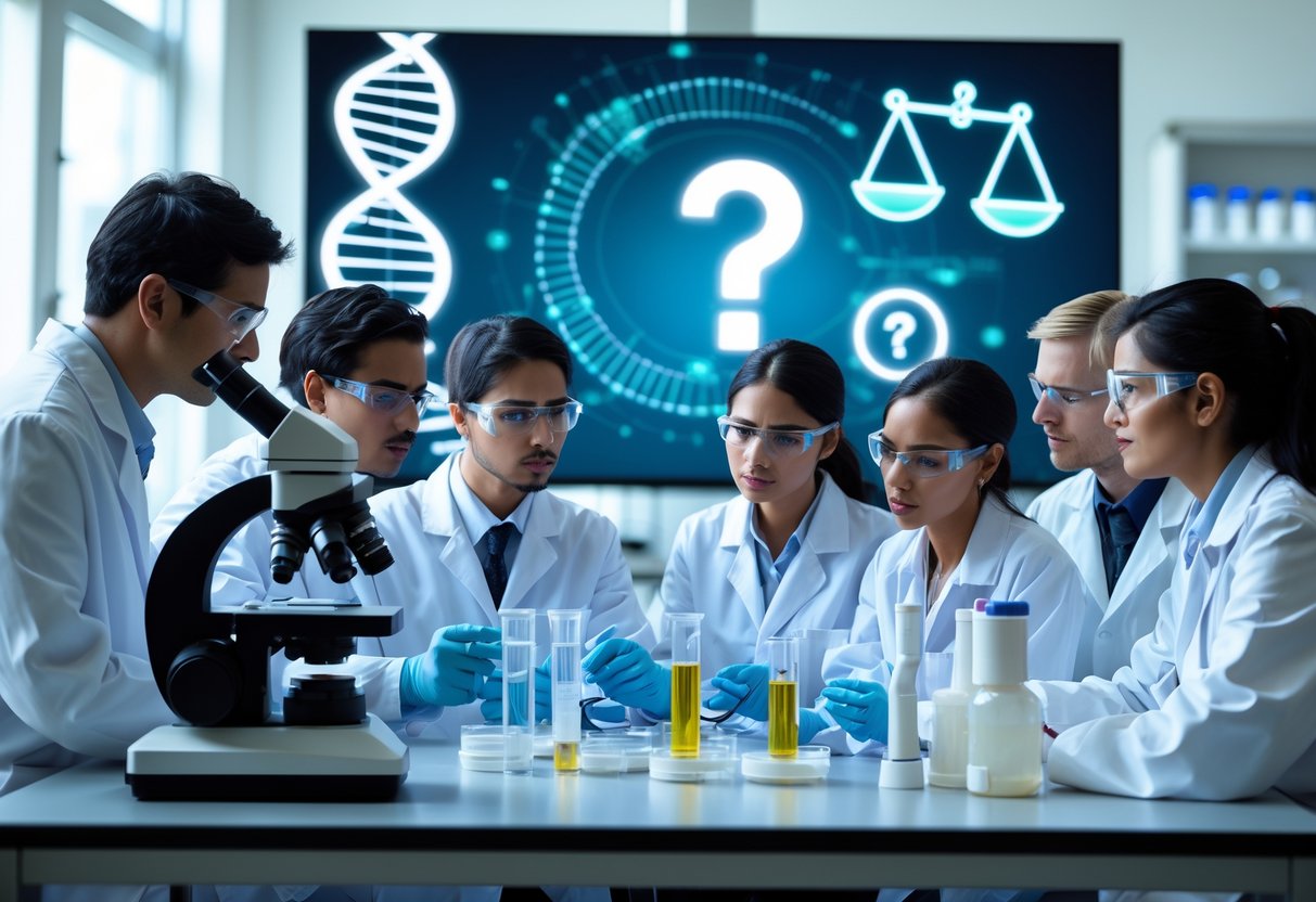 Scientists in a laboratory discussing genetic research with DNA graphics on a screen in the background.