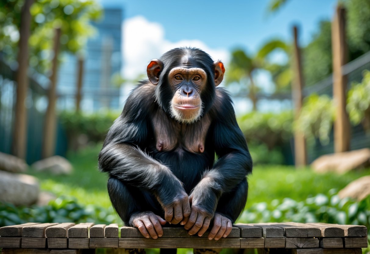 A chimpanzee sitting calmly on a wooden platform in a green outdoor enclosure with buildings blurred in the background.