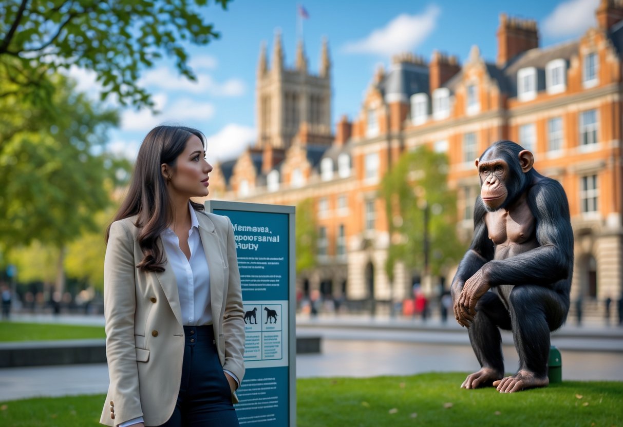 A young woman stands in a UK park looking thoughtfully at a wildlife information sign near a chimpanzee enclosure.