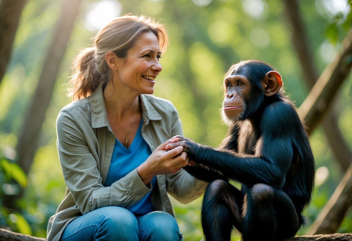 A woman gently holding hands with a young chimpanzee in a forest, both looking calm and connected.