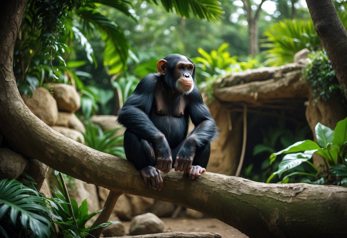 A chimpanzee sitting on a tree branch surrounded by green plants in a natural outdoor enclosure.