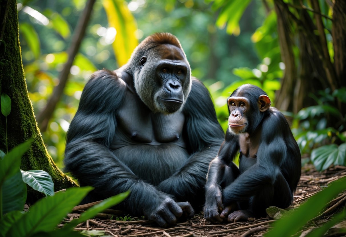 A gorilla and a chimpanzee sitting close together peacefully in a green jungle setting.