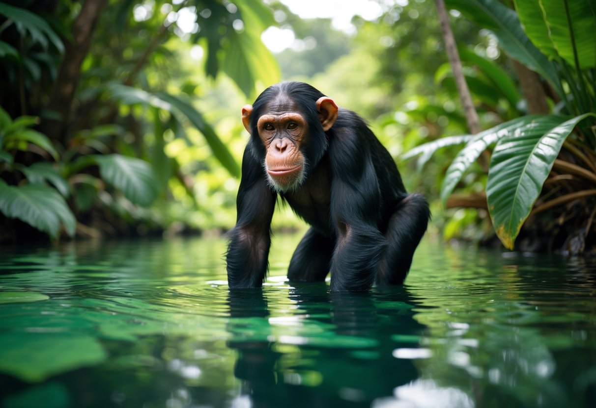 A chimpanzee cautiously standing at the edge of a shallow body of water in a jungle.