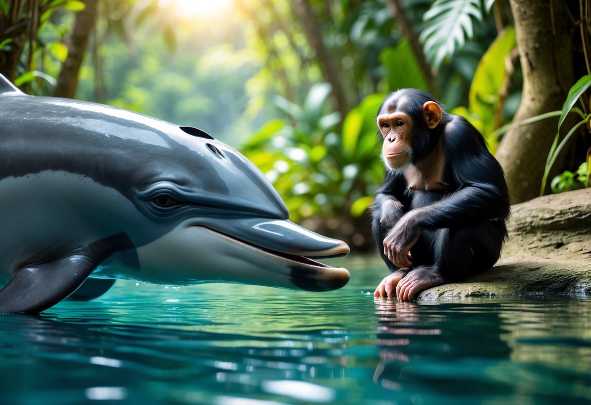A chimpanzee sitting on a rock near water, looking at a dolphin partially visible in the water, surrounded by green jungle plants.