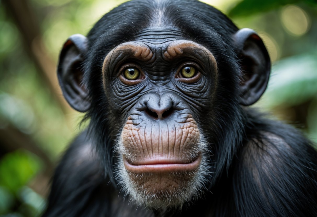Close-up of a chimpanzee looking directly into the camera with a calm and curious expression in a natural jungle environment.