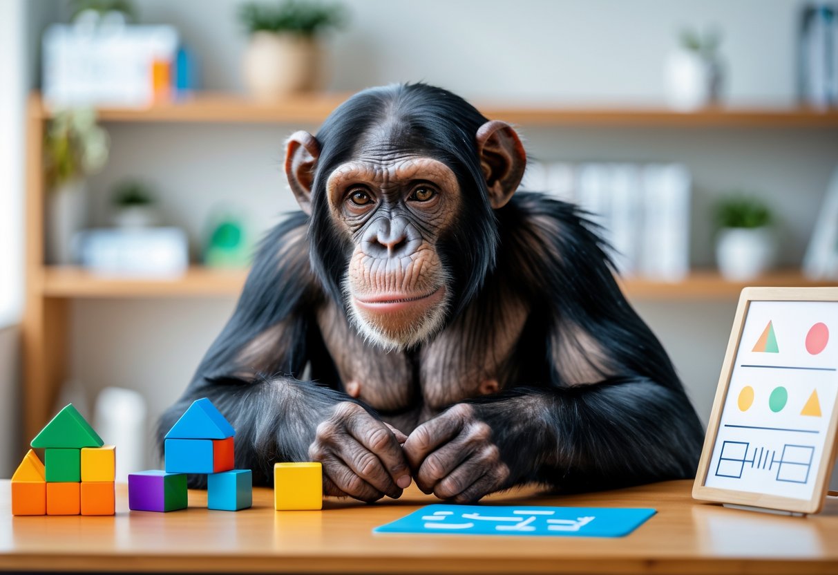 A chimpanzee sitting at a desk examining educational toys and puzzles in a bright office setting.