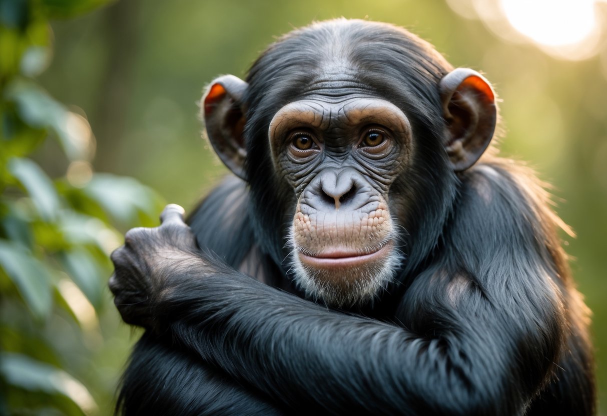 A chimpanzee being gently hugged by a person in a natural outdoor setting.