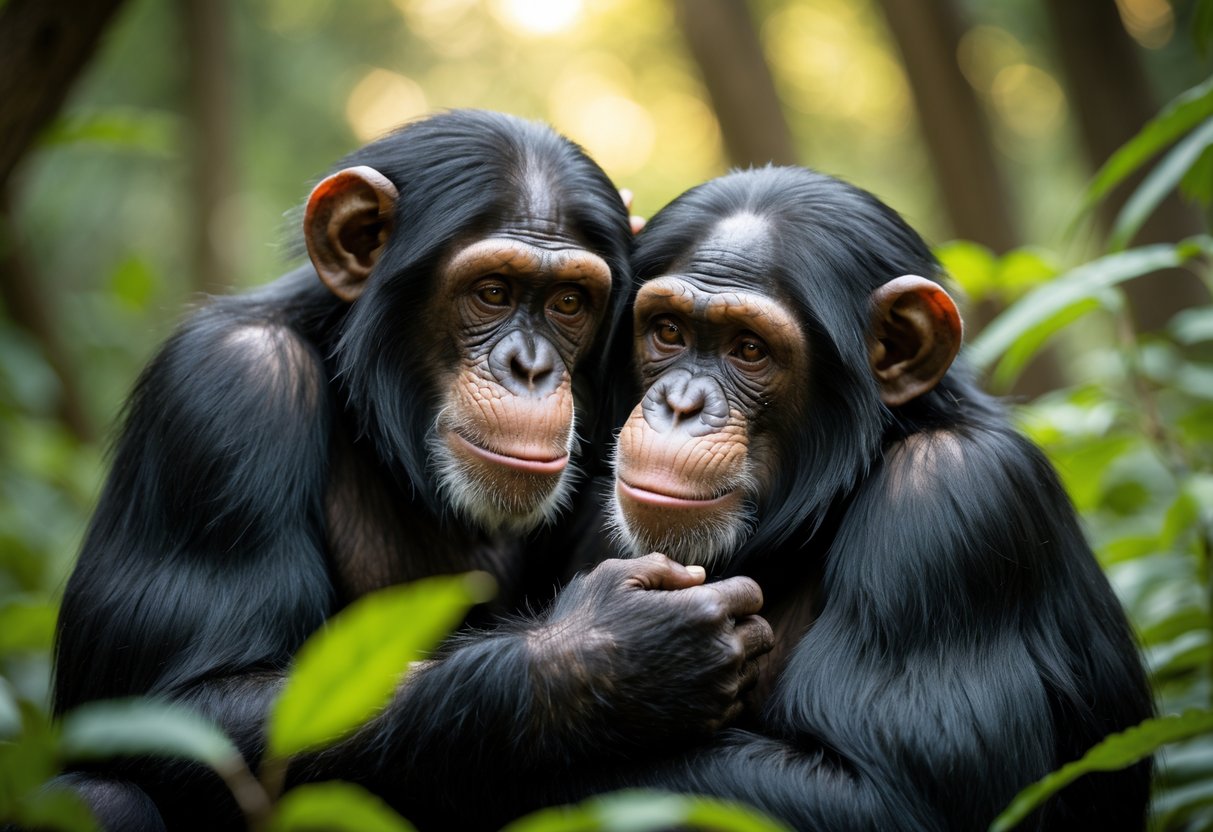 Two chimpanzees gently touching each other in a forest, showing affectionate behavior.
