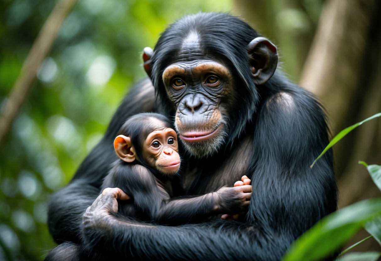 A chimpanzee mother gently holding her baby chimpanzee in a green jungle setting.