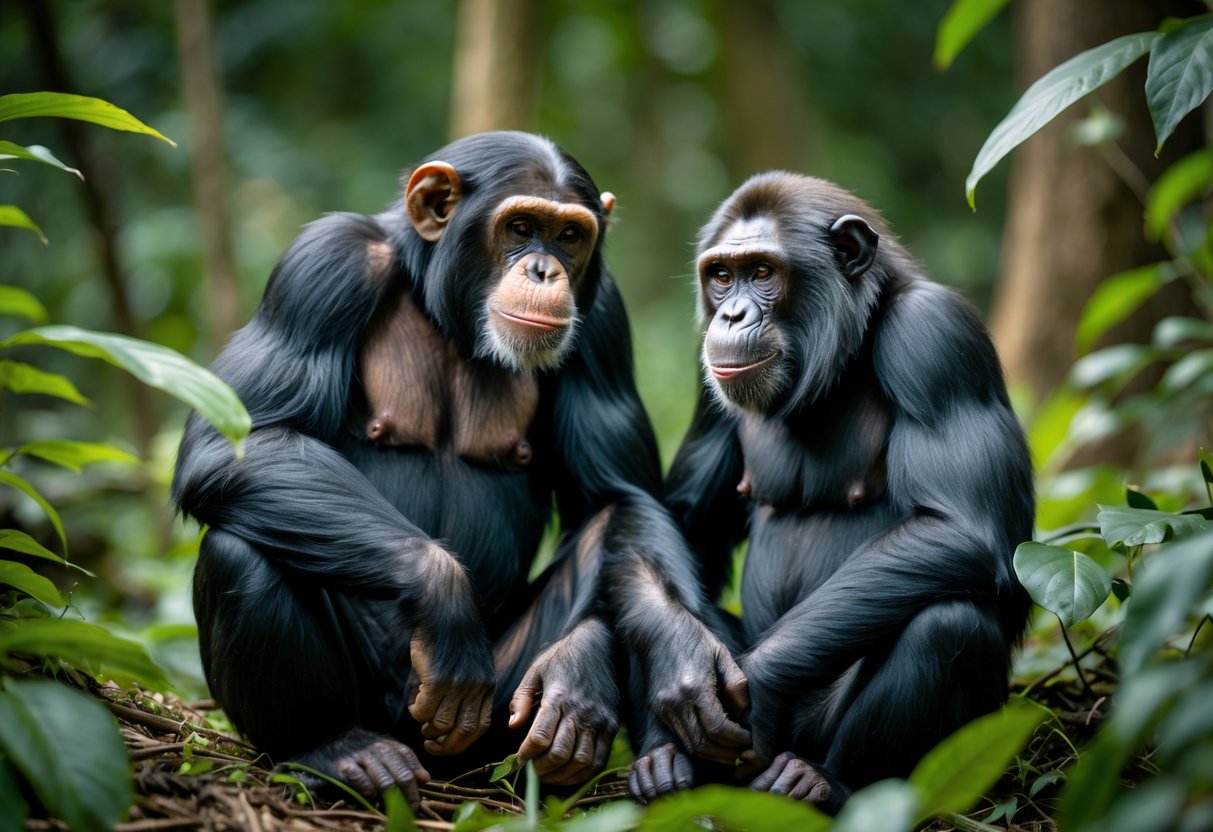 A chimpanzee and a bonobo sitting closely together on the forest floor surrounded by green plants.