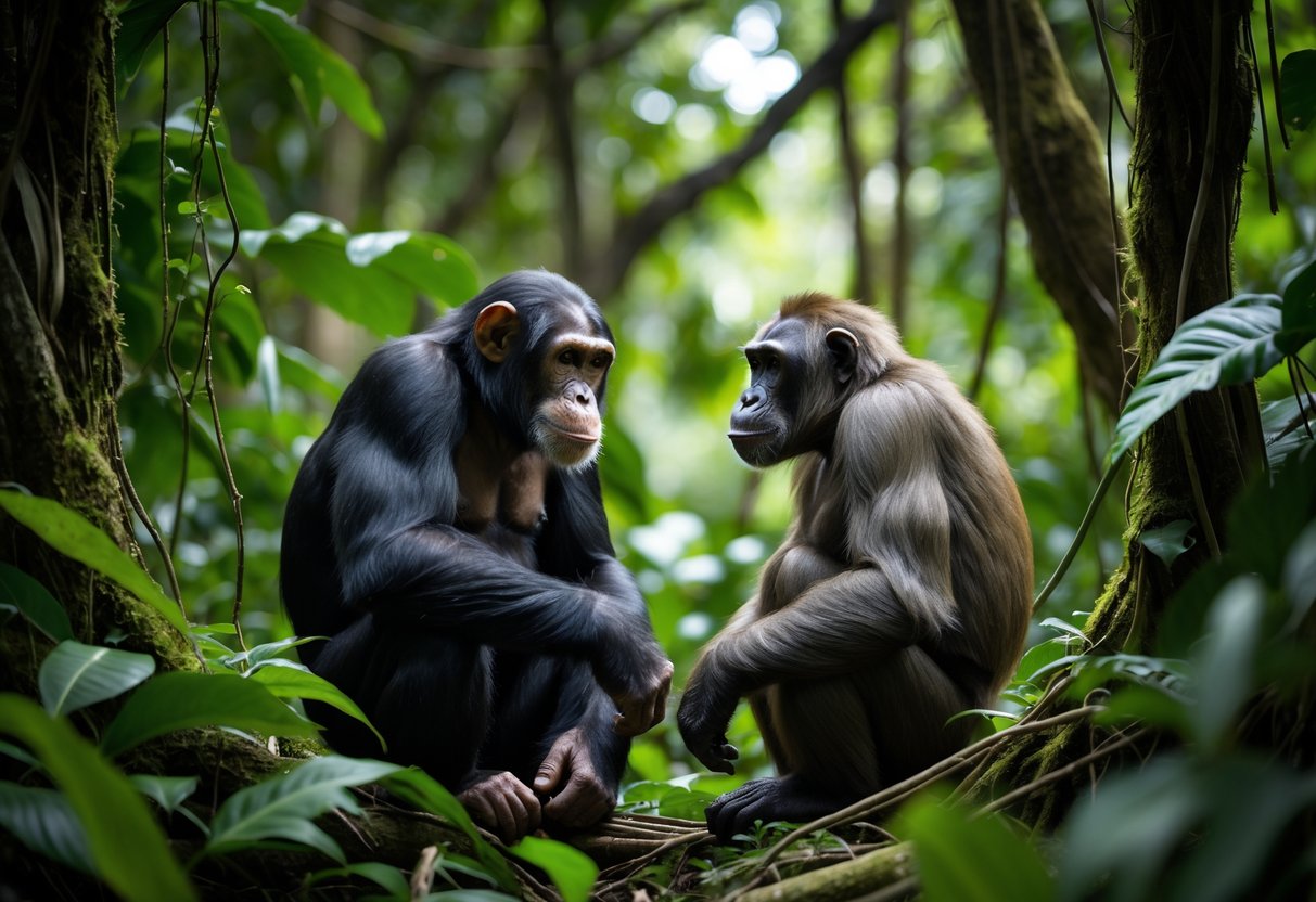 A chimpanzee and a bonobo sitting close together on the forest floor surrounded by green trees and plants.