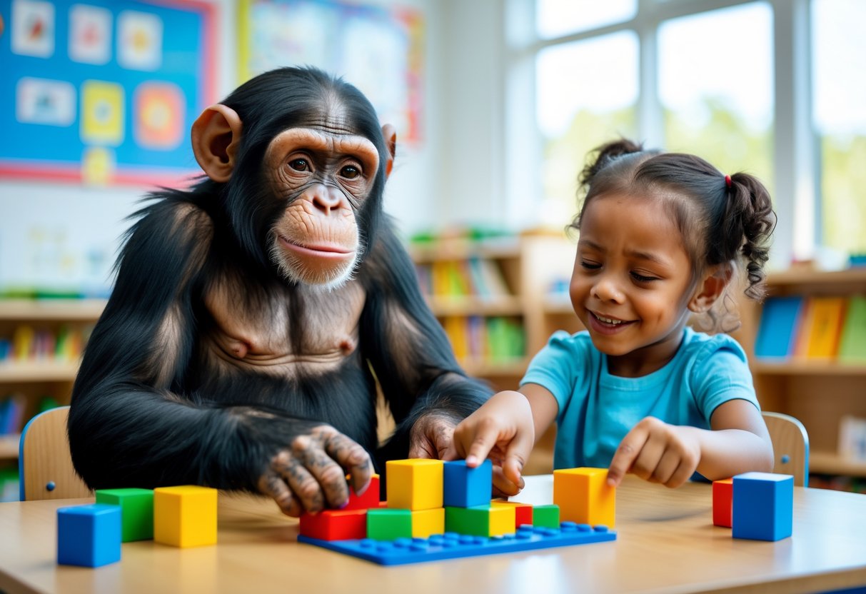 A young chimpanzee and a 7-year-old child sitting together at a table playing with building blocks and puzzles in a classroom.