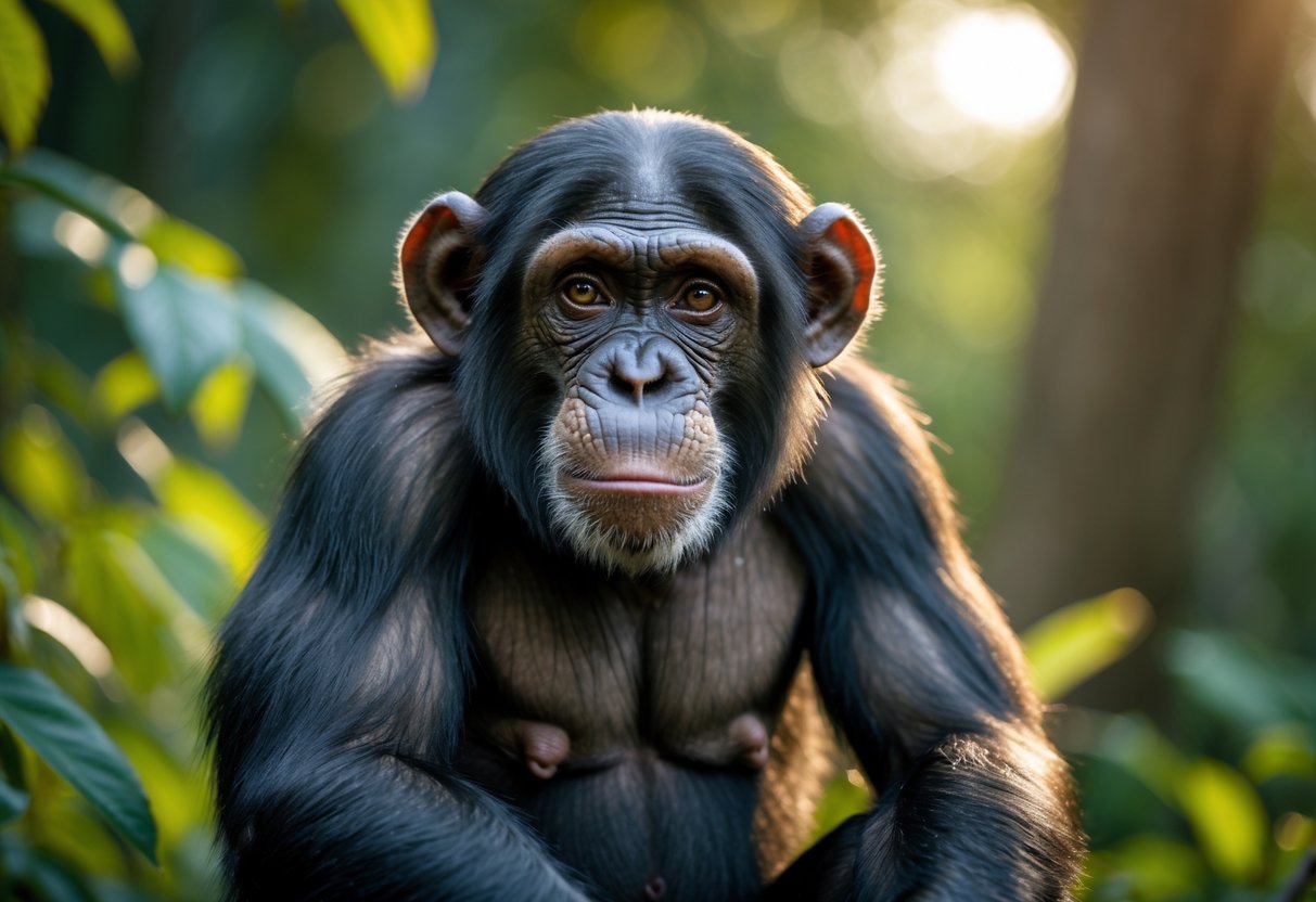 A chimpanzee sitting outdoors among green foliage, looking thoughtfully at the camera.