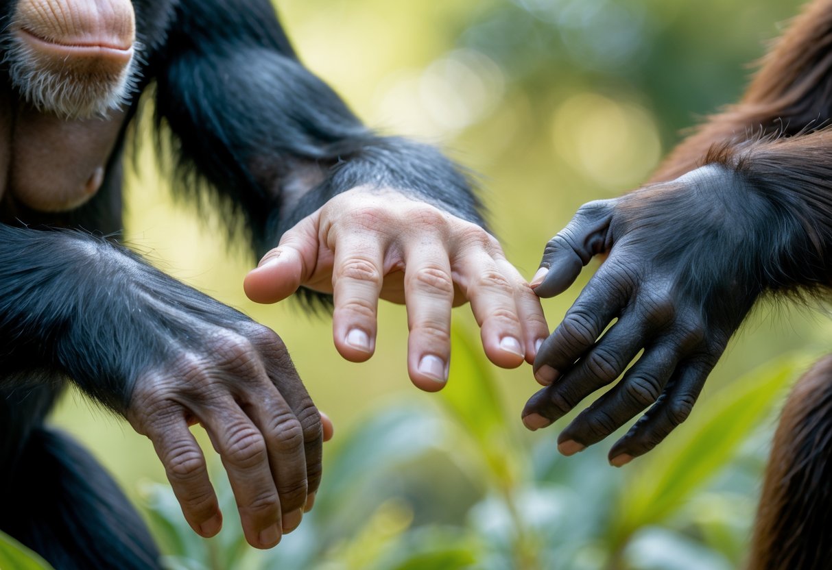 A human hand reaching out towards the hands of a chimpanzee and a bonobo, all three hands nearly touching.