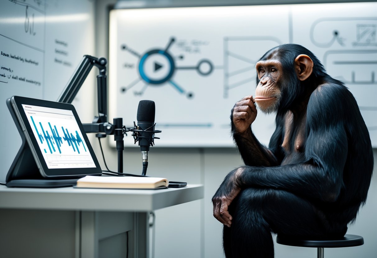 A chimpanzee sitting on a stool in a research lab next to scientific equipment, looking thoughtfully toward a tablet and microphone.