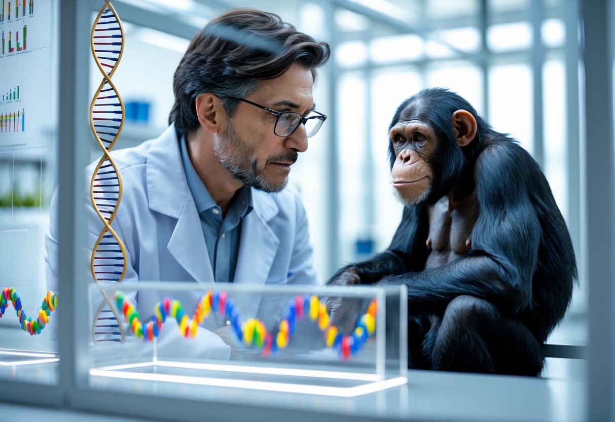 A scientist studies DNA models in a lab while a chimpanzee sits calmly behind a glass partition.