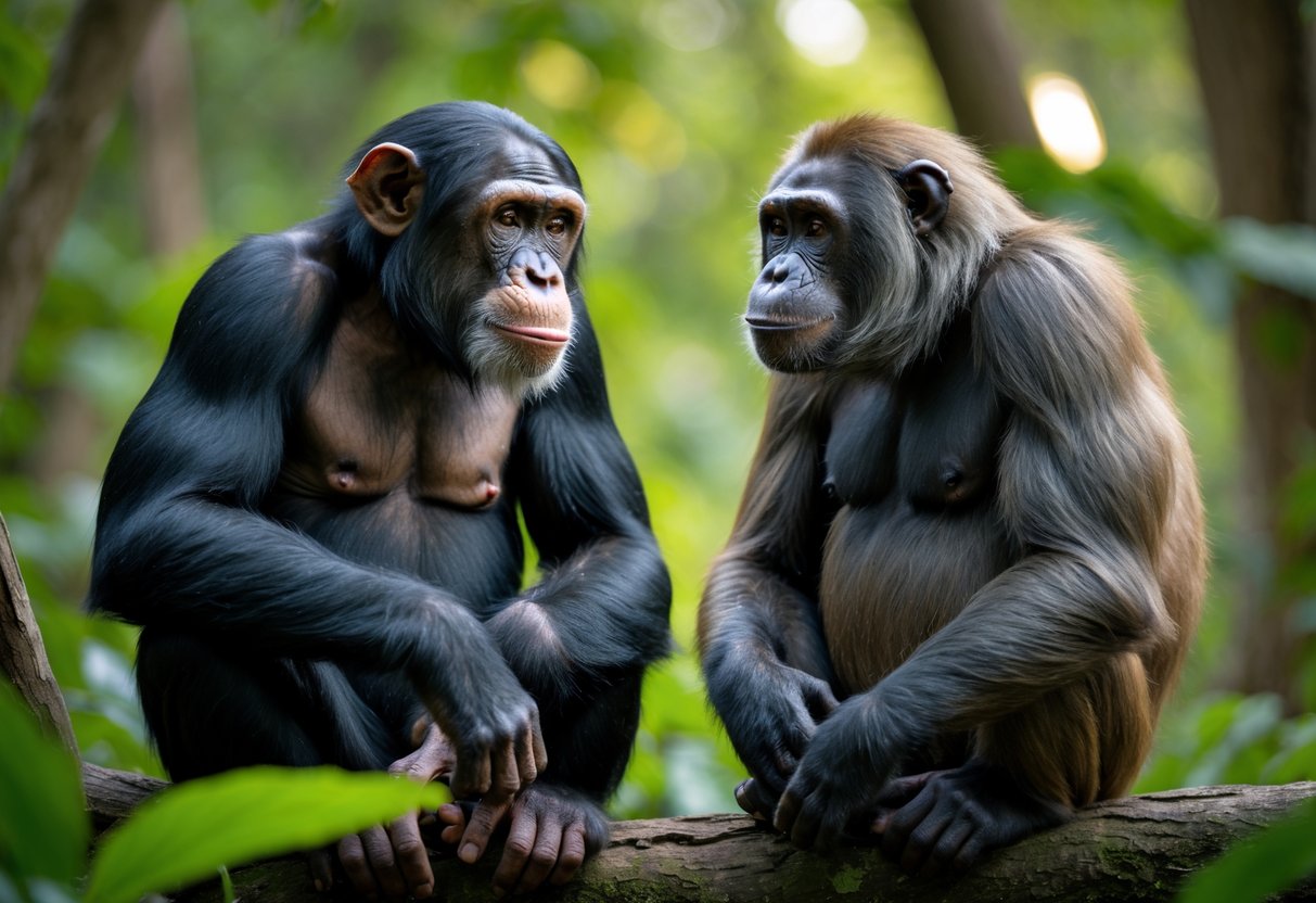 A chimpanzee and a bonobo sitting side by side in a forest, looking at each other.