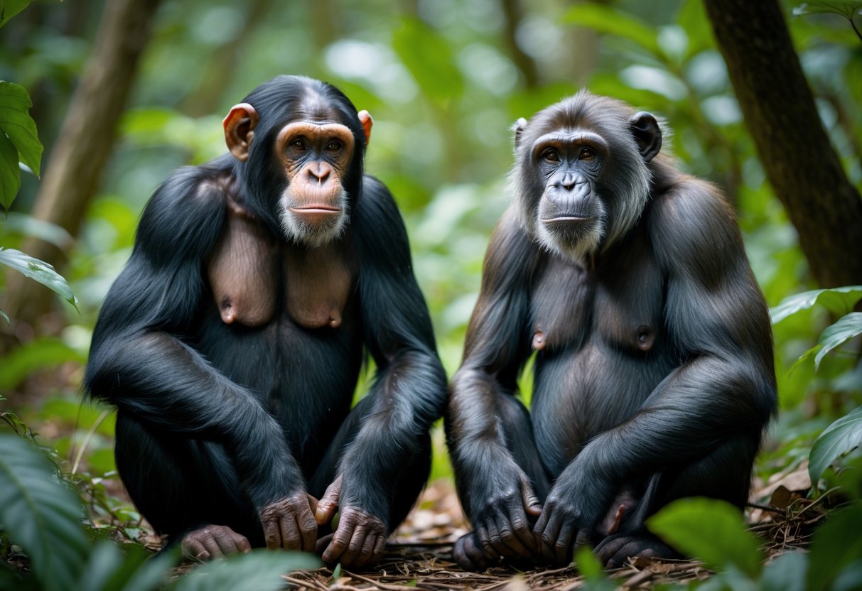 A chimpanzee and a bonobo sitting side by side on the forest floor surrounded by green plants.